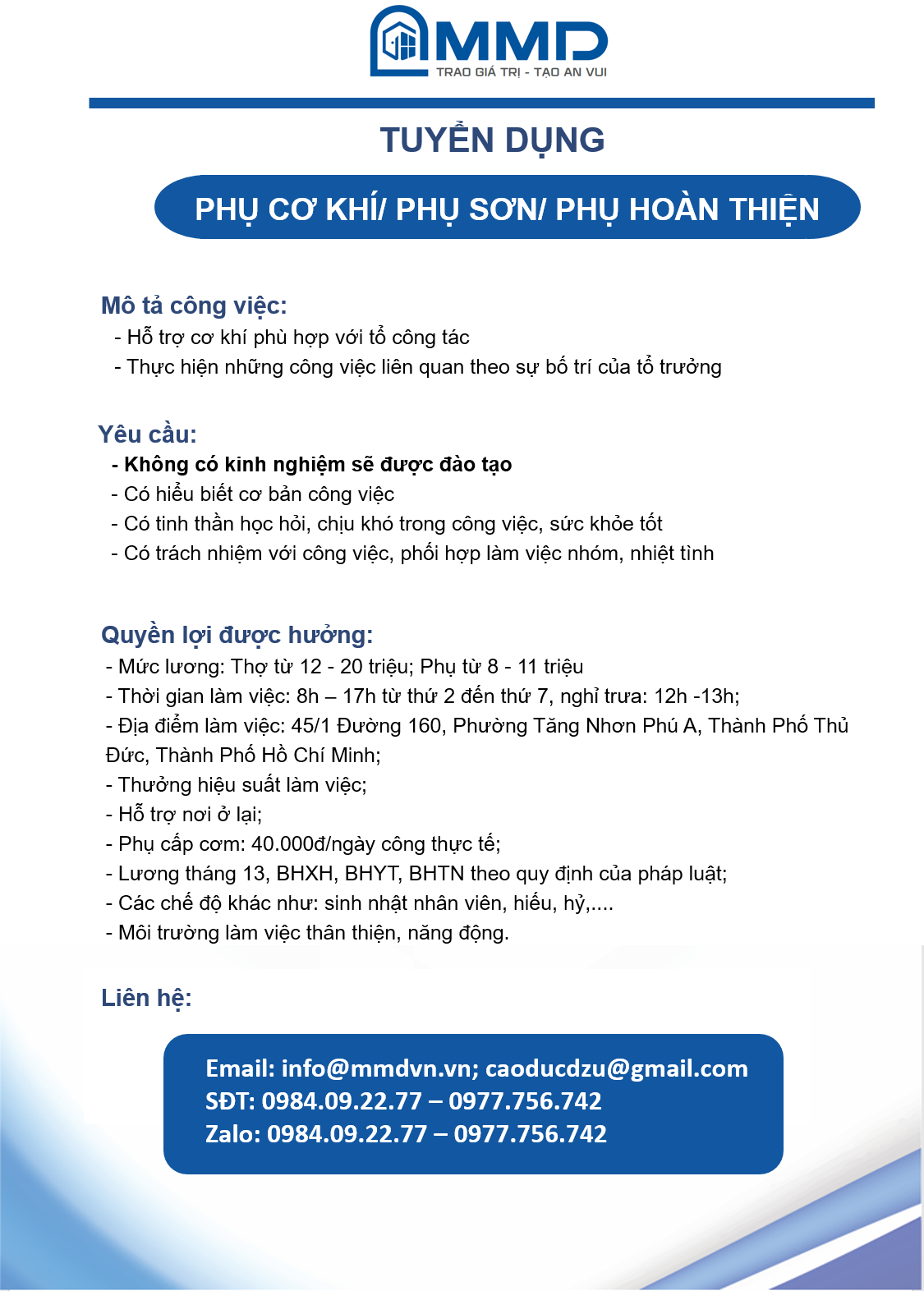 Thợ phụ cơ khí/ phụ sơn/ phụ hoàn thiện